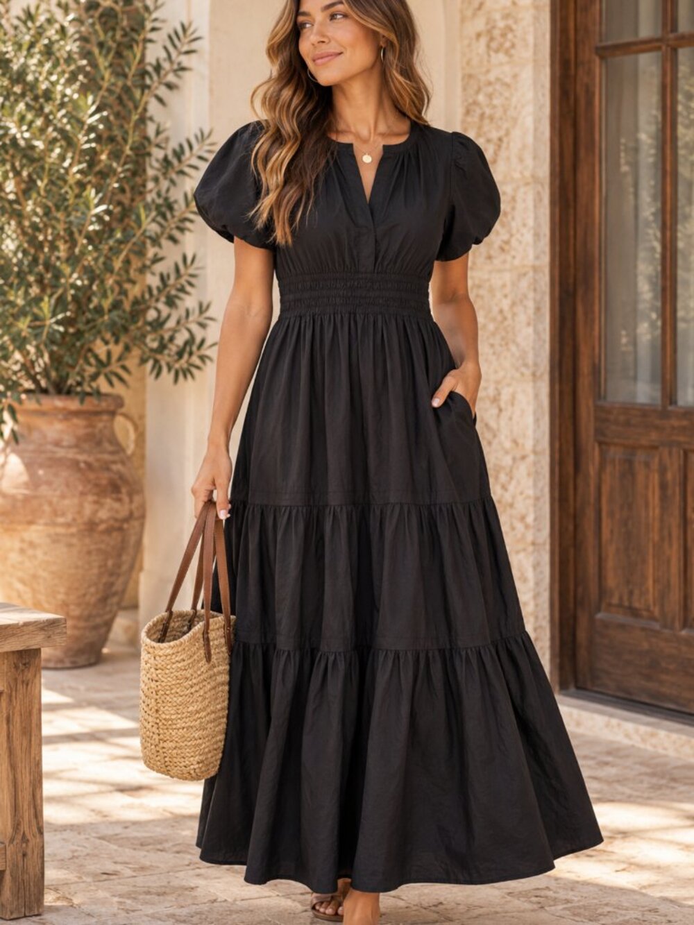 Quince Black 100% Organic Cotton Tiered Maxi Dress Size L